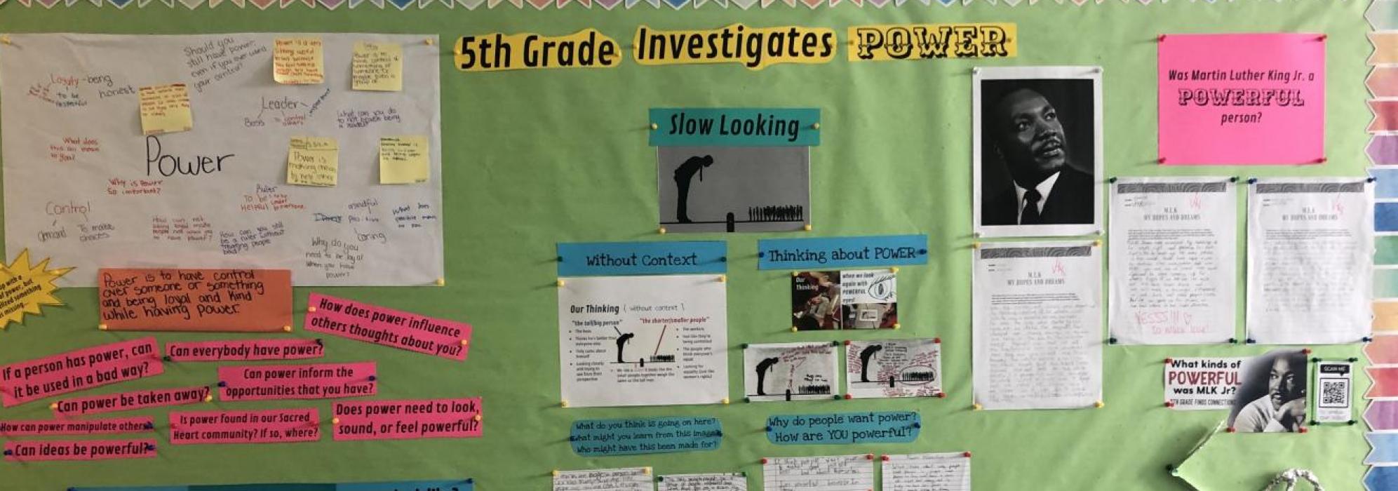 An image of a bulletin board in a school titled 5th Grade Investigates Power