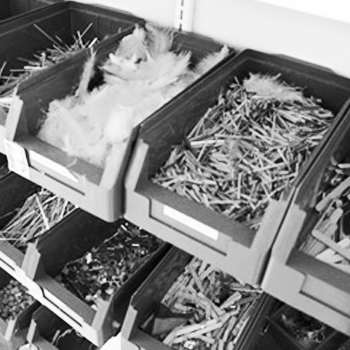 black and white photo of several plastic bins on shelves, each filled with different types of natural materials such as feathers, sticks, and dried grasses