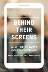 Behind Their Screens book cover. Image: White text on a blurred background that is contained within a white outline that represents a phone.