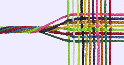 Colorful threads weave together on a white background