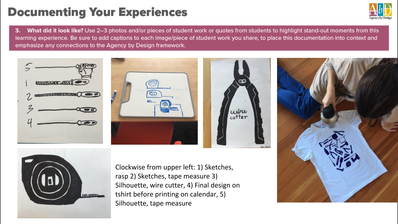 An image depicting step 3 "What  did it look like?" showing various student illustrations of a tape measure, wire cutter,  and t-shirt design.