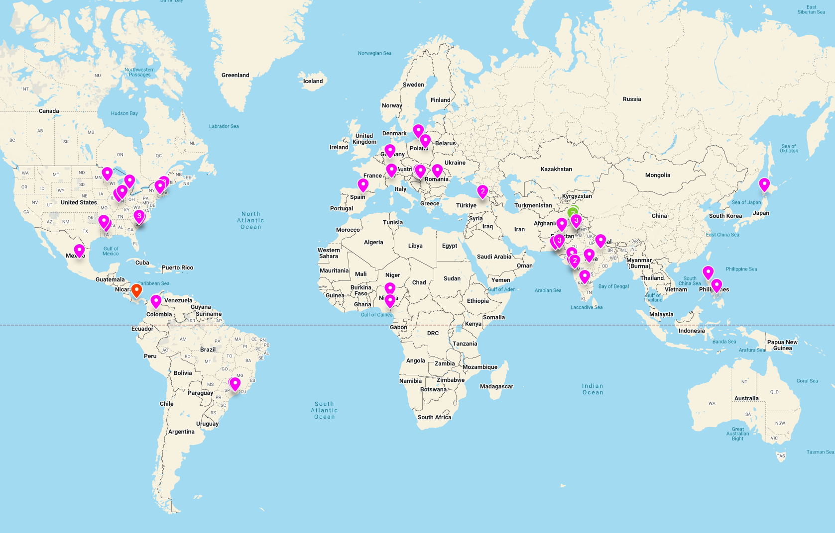 An image of the padlet used to designate where participants are in the world. There are dozens of markers spread across the glove.