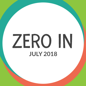 Logo with the text 'ZERO IN JULY 2018' centered inside a white circle.